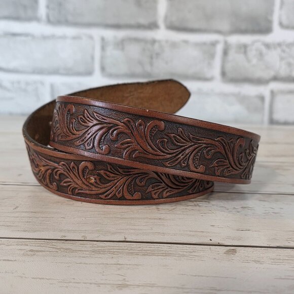 Justin Tooled Leather Belt Western Cowboy Scrolls sz 30 Made in USA - Picture 3 of 5